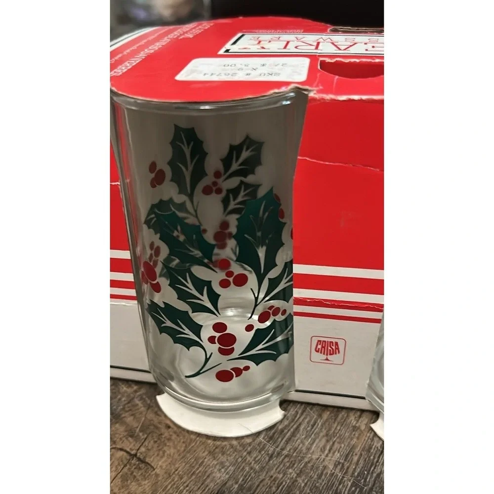 Vintage Set Of‎ 4 Crisa (Holly Berry) 12 oz Christmas Drinking Glasses